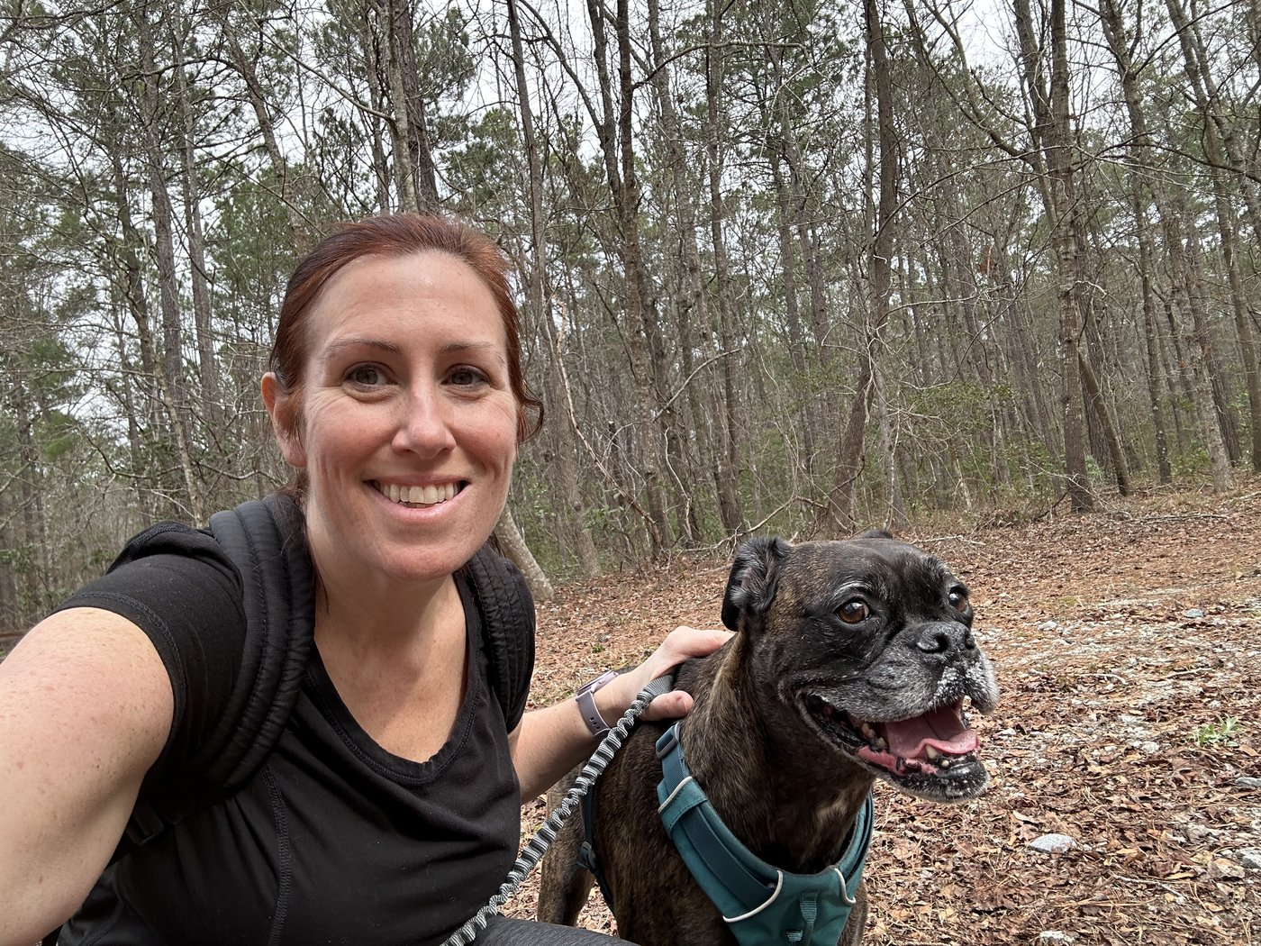 Courtney on a wooded hike with her senior brindle boxer