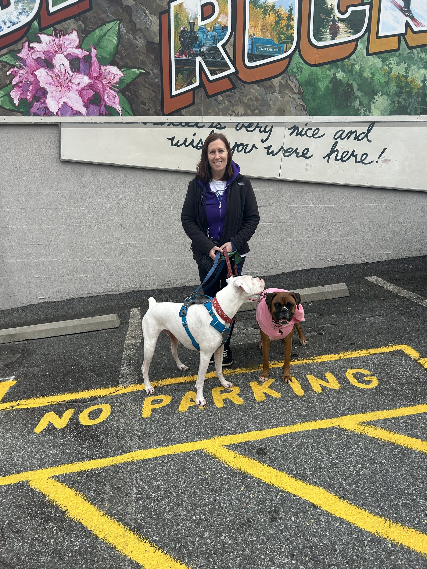 Courtney with her two boxers in front of a Blowing Rock mural
